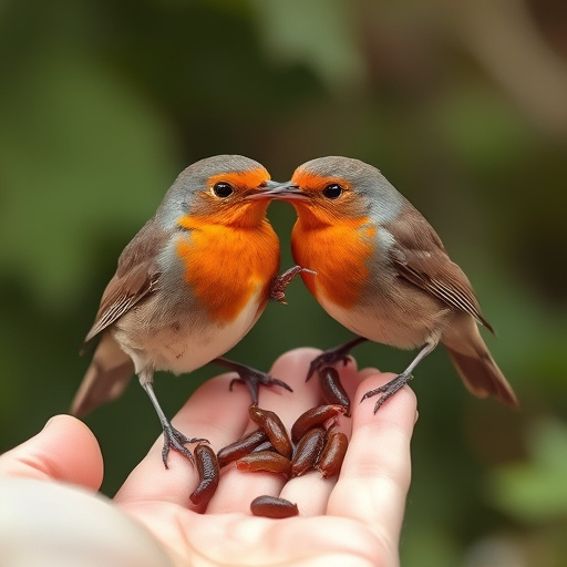 Robins eating mealworms from hand