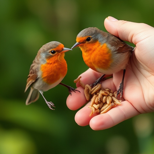 Robins eating mealworms from hand