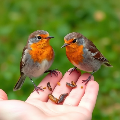 Robins eating mealworms from hand