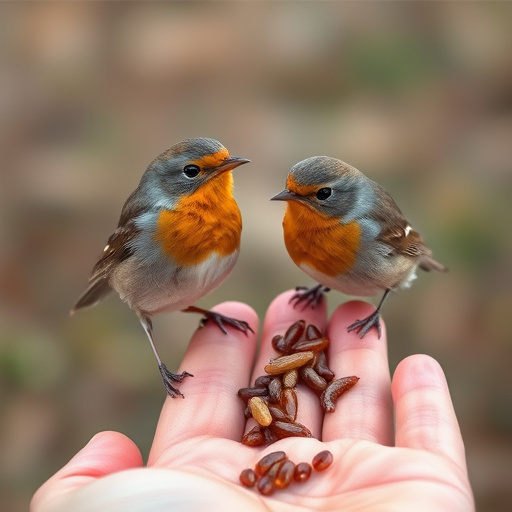 Robins eating mealworms from hand