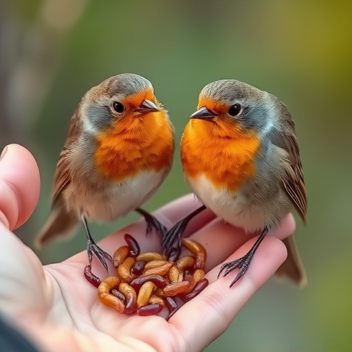 Robins eating mealworms from hand
