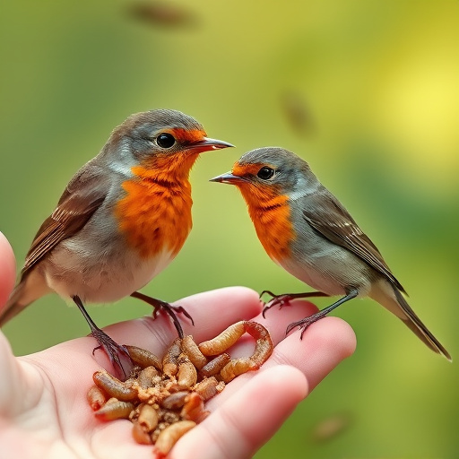 Robins eating mealworms from hand