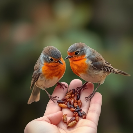 Robins eating mealworms from hand