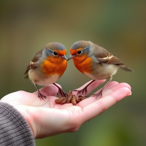 Robins eating mealworms from hand