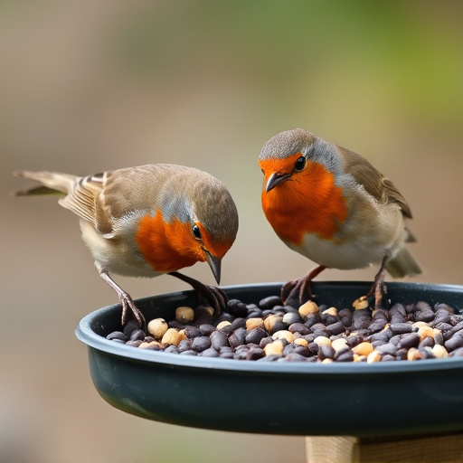 Robins eating suet pellets from tray