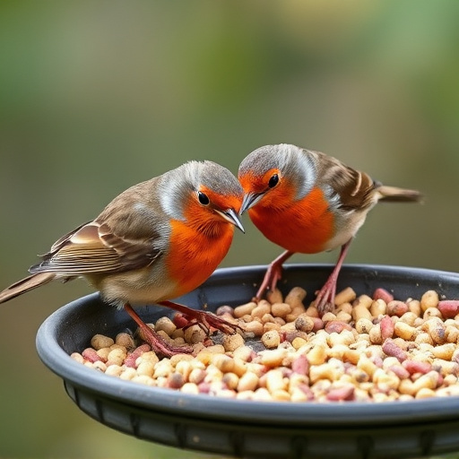 Robins eating suet pellets from tray