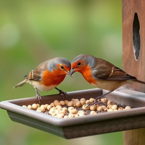 Robins eating suet pellets from tray