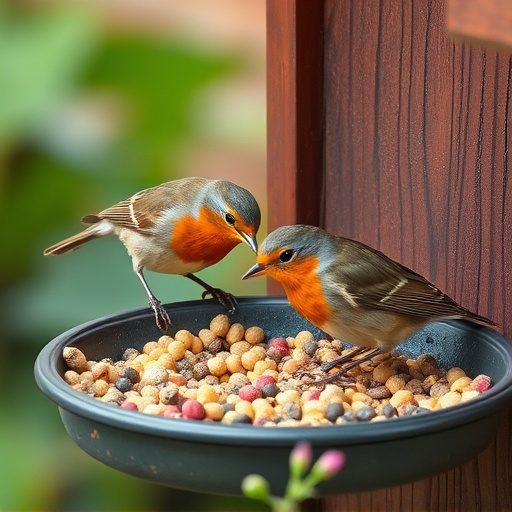 Robins eating suet pellets from tray