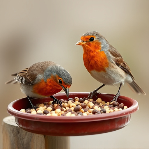 Robins eating suet pellets from tray