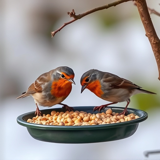 Robins eating suet pellets from tray