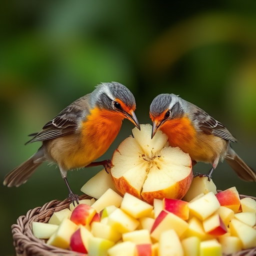 Robins feeding on chopped apples