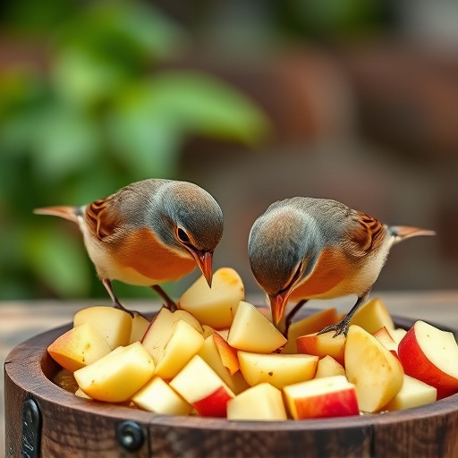 Robins feeding on chopped apples