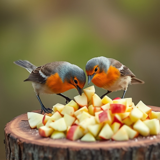 Robins feeding on chopped apples