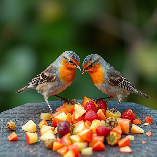 Robins feeding on chopped fruit pieces