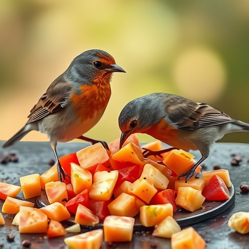 Robins feeding on chopped fruit pieces