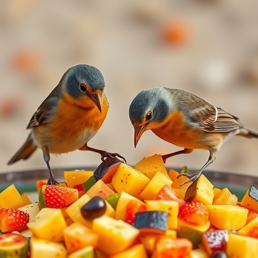 Robins feeding on chopped fruit pieces