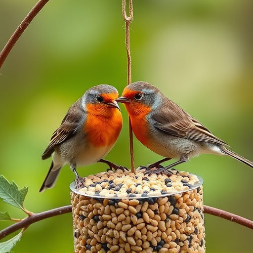 Robins feeding on no-mess seed