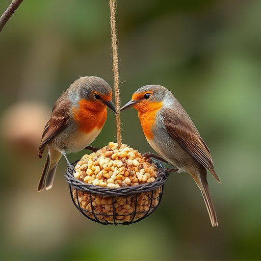 Robins feeding on no-mess seed