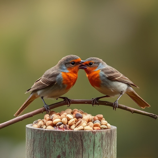 Robins pecking at scattered seed