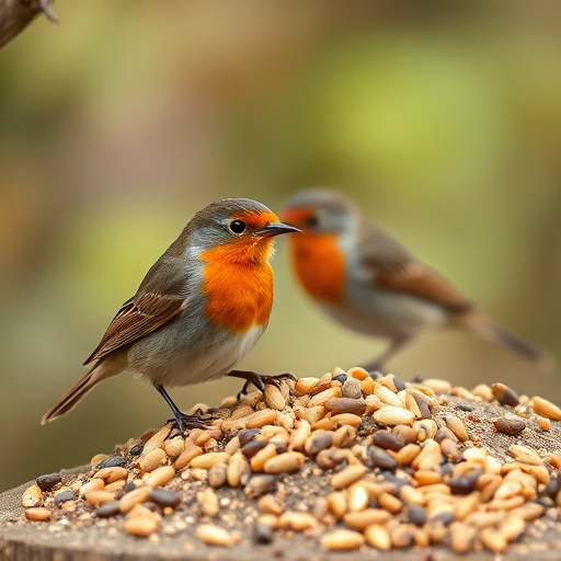 Robins pecking at scattered seed