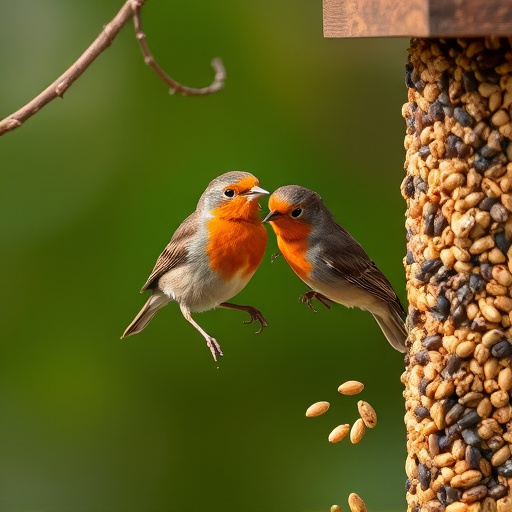 Robins pecking at scattered seed