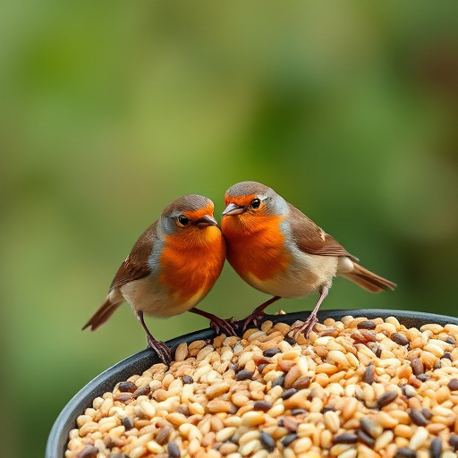 Robins pecking at scattered seed