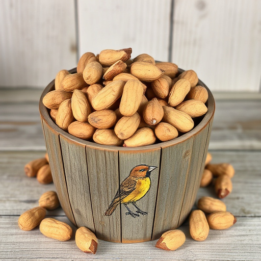 Rustic container filled with bird peanuts