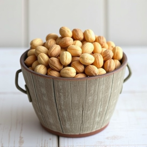 Rustic container filled with bird peanuts