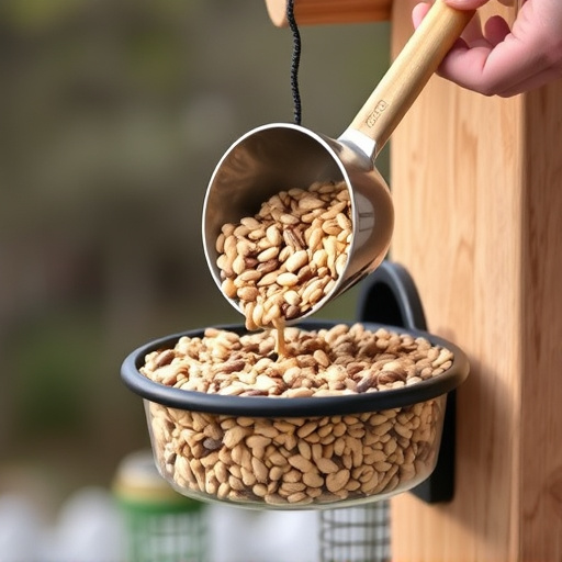 Scoop pouring seeds into bird feeder