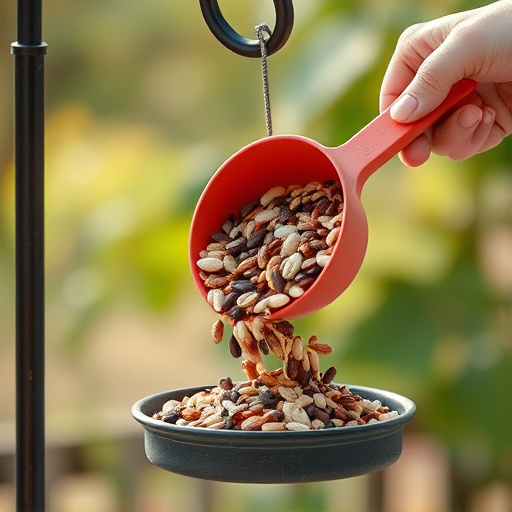 Scoop pouring seeds into bird feeder
