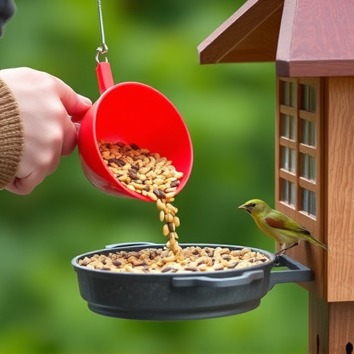 Scoop pouring seeds into bird feeder