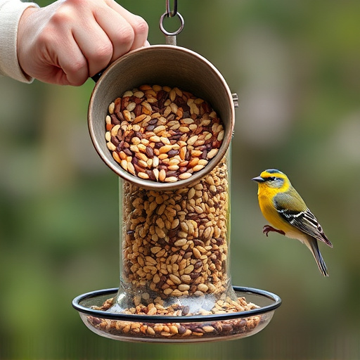 Scoop pouring seeds into bird feeder