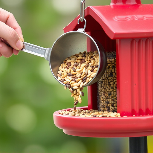 Scoop pouring seeds into bird feeder