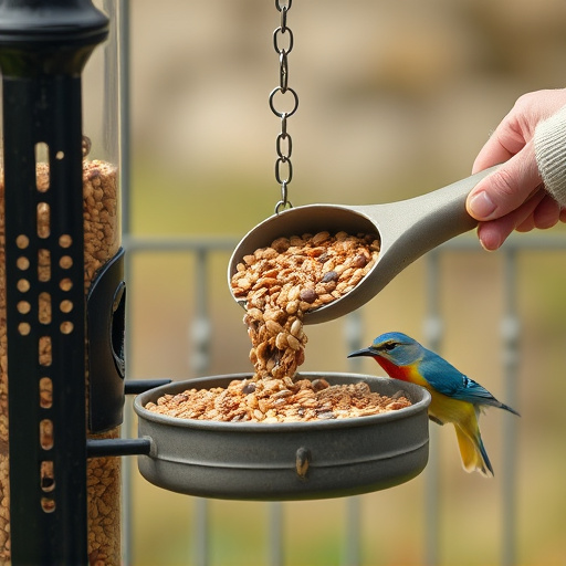Scoop pouring seeds into bird feeder