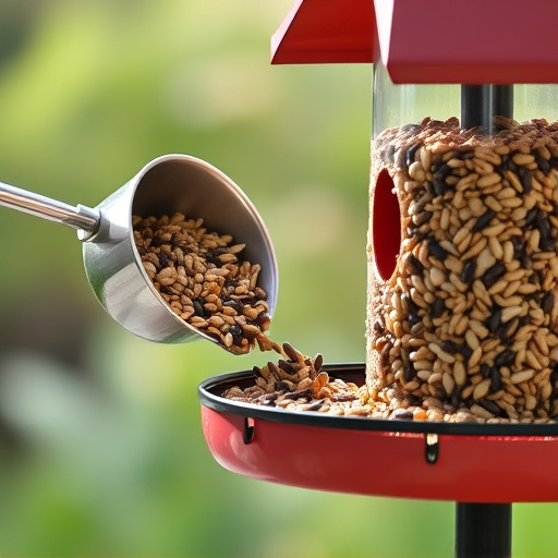 Scoop pouring seeds into bird feeder