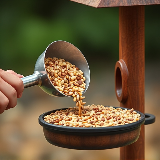 Scoop pouring seeds into bird feeder