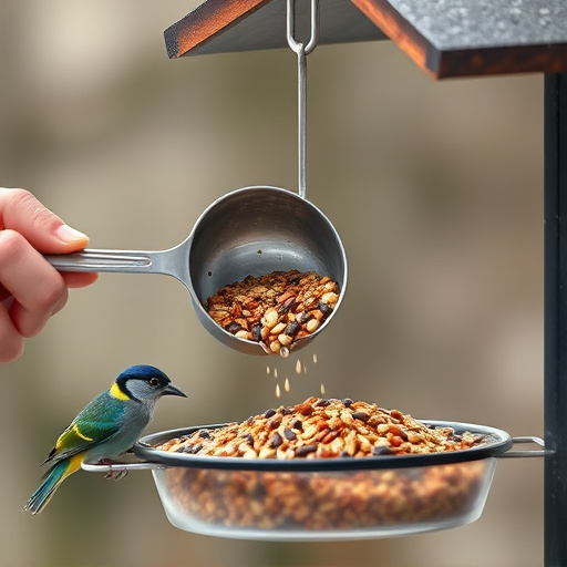 Scoop pouring seeds into bird feeder