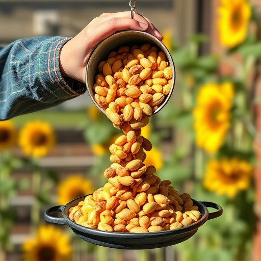 Scoop pouring sunflower hearts into feeder