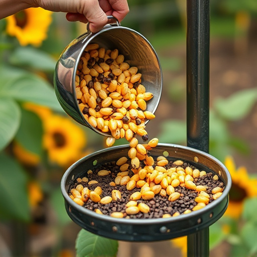 Scoop pouring sunflower hearts into feeder