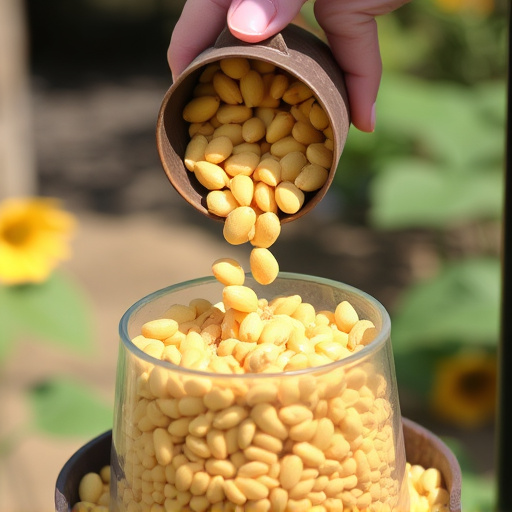 Scoop pouring sunflower hearts into feeder