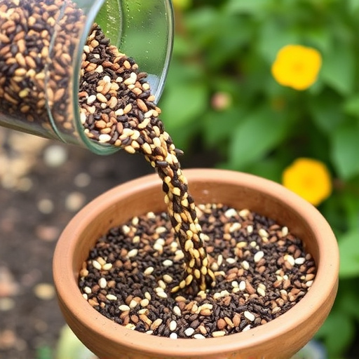 Seed mix poured into garden feeder