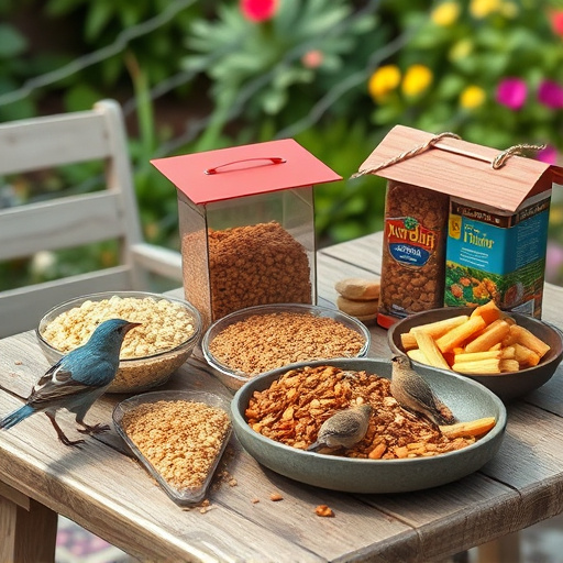 Selection of bird foods on garden table