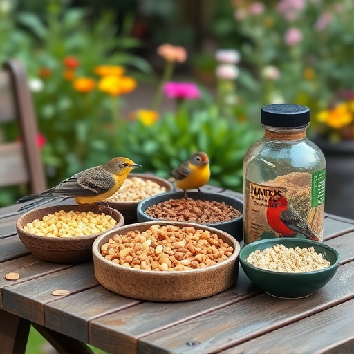 Selection of bird foods on garden table