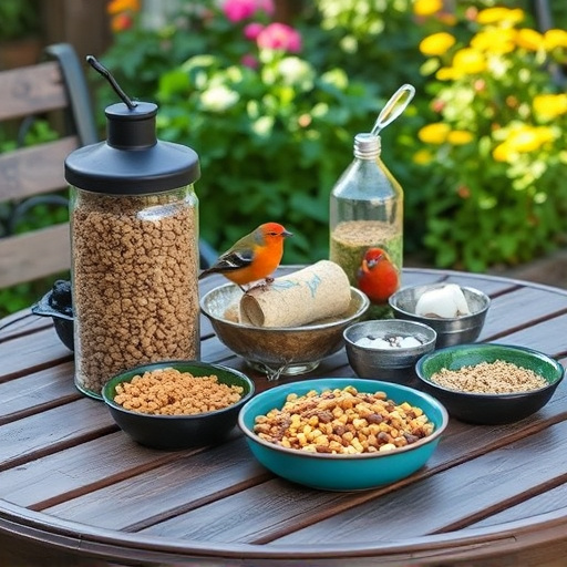 Selection of bird foods on garden table