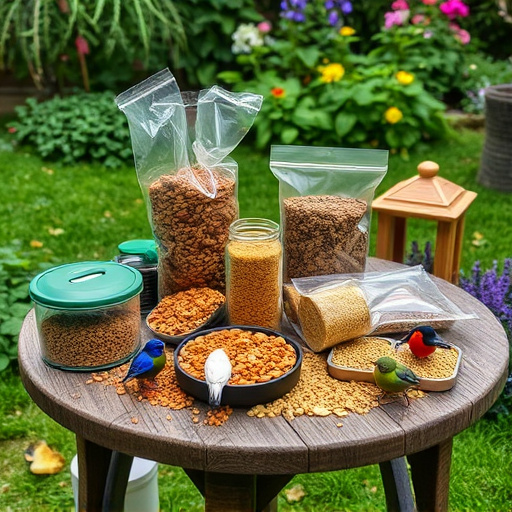 Selection of bird foods on garden table