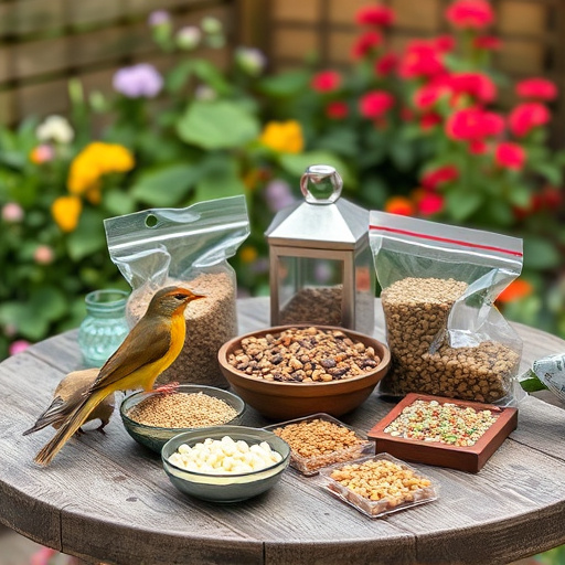 Selection of bird foods on garden table