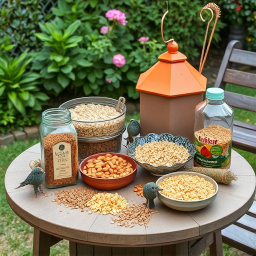 Selection of bird foods on garden table