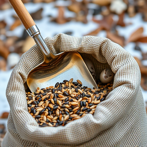 Shovel scooping bird seed from sack