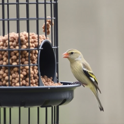Small bird feeding at cage feeder