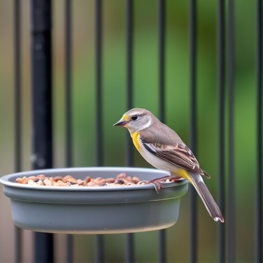Small bird feeding at cage feeder